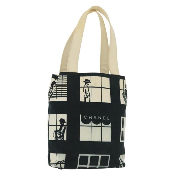 CHANEL windows Tote Bag Canvas Black White gold CC Auth - Picture 10 of 15